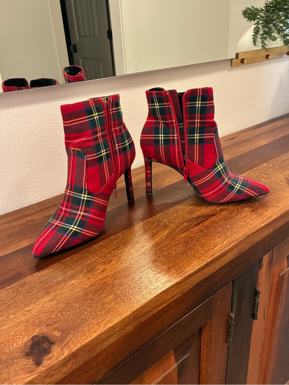 Gianni Bini Red Plaid Pointed Toe Stiletto Ankle Boots